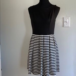 Black top, black/ white stripe dress